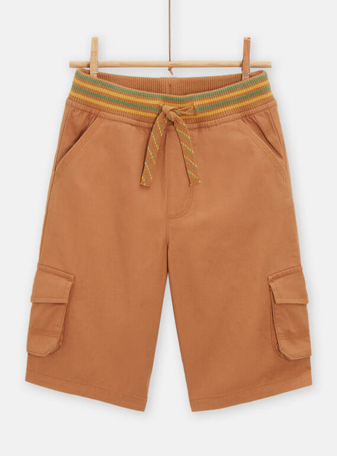 Brown Tie Waist Cotton Cargo Shorts