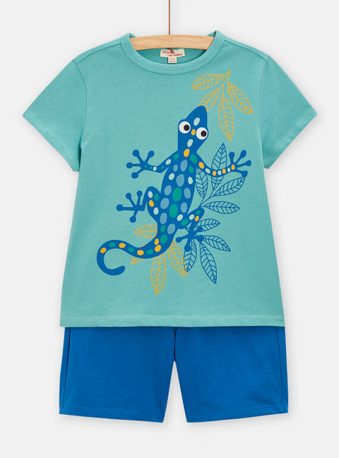 Turquoise Iguana Print Cotton T-shirt & Shorts Set