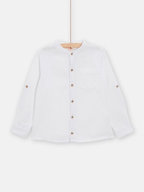 White Cotton Grandad Collar Shirt