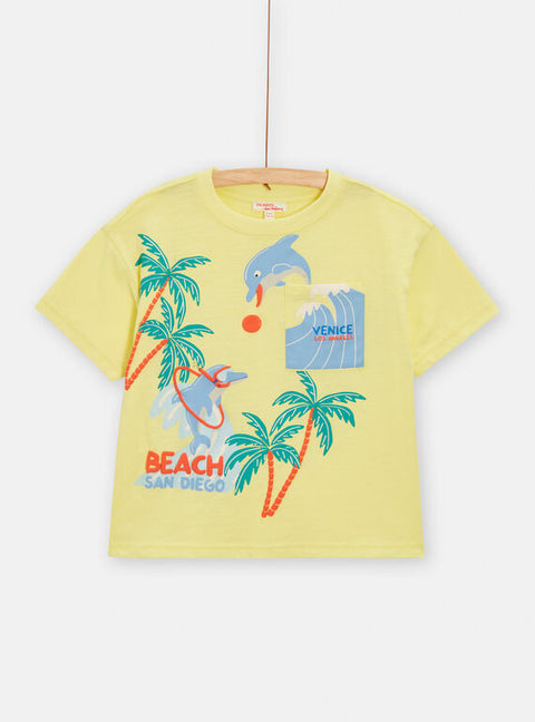 Yellow Dolphin Print Short Sleeve Cotton T-shirt