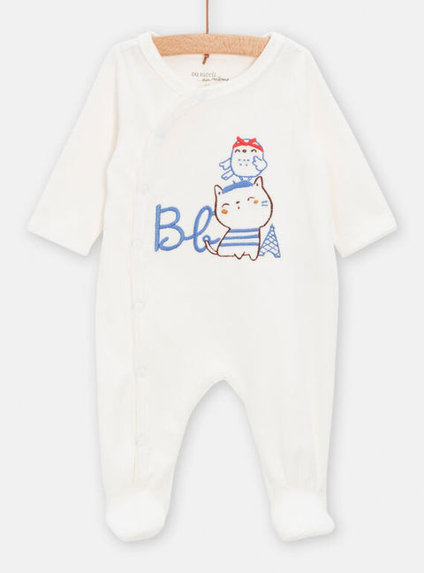 White Newborn Velour Sleepsuit With Bird & Cat Embroidery