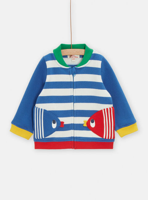 Blue & White Stripe Cotton Rich Cardigan With Fish Pockets