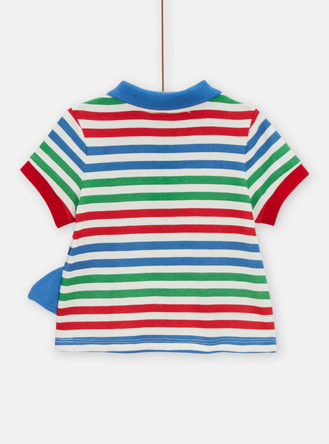 Striped Cotton Pique Polo Shirt With Shark Animation