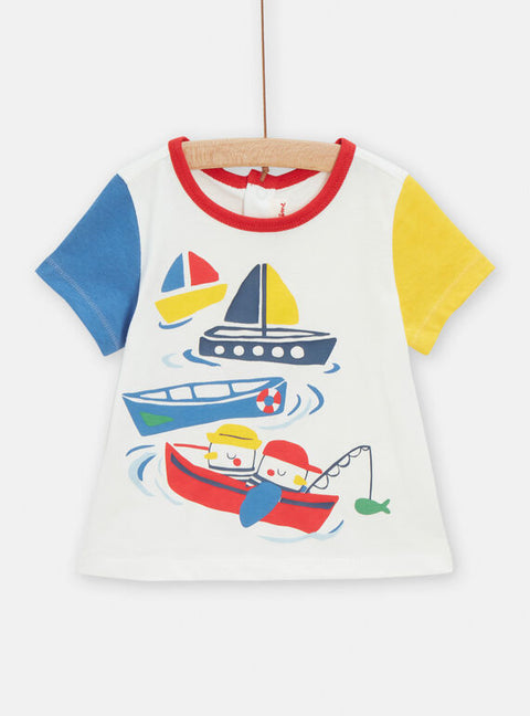 White Boat Print Short Sleeve Cotton T-shirt