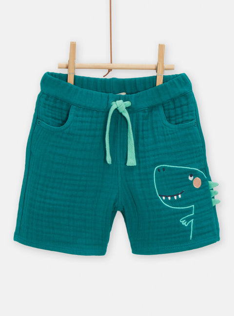 Green Cotton Tie Waist Bermuda Shorts With Dinosaur Applique