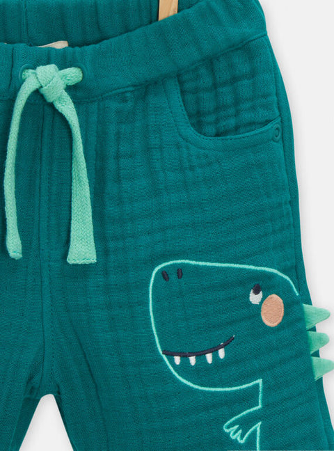 Green Cotton Tie Waist Bermuda Shorts With Dinosaur Applique