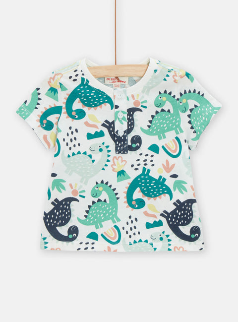 Off White Dinosaur Print Button Neck Cotton T-shirt