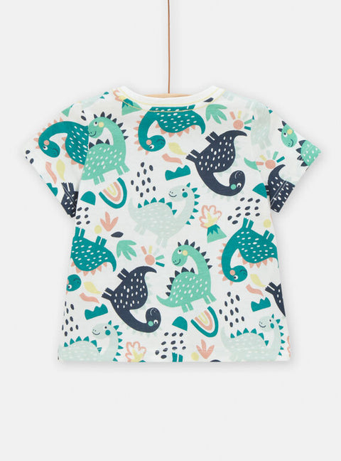 Off White Dinosaur Print Button Neck Cotton T-shirt