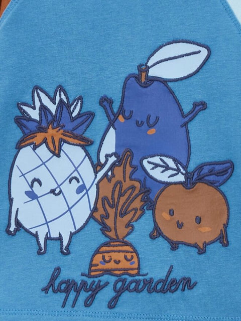 Blue Fruit & Vegetable Cartoon Print Cotton T-shirt
