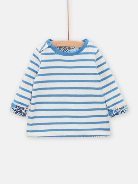 Blue Stripe Cotton T-shirt With Paisley Print On The Reverse