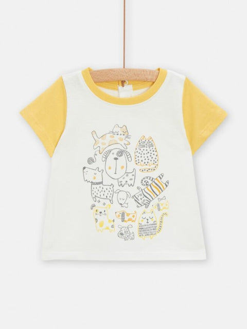Cream Cat & Dog Print Short Sleeve Cotton T-shirt