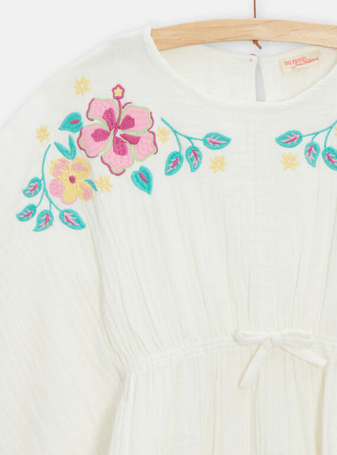 White Cotton Beach Dress With Floral Embroidery