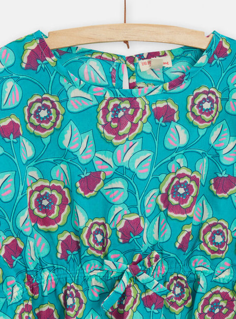 Turquoise Floral Print Cotton Beach Dress