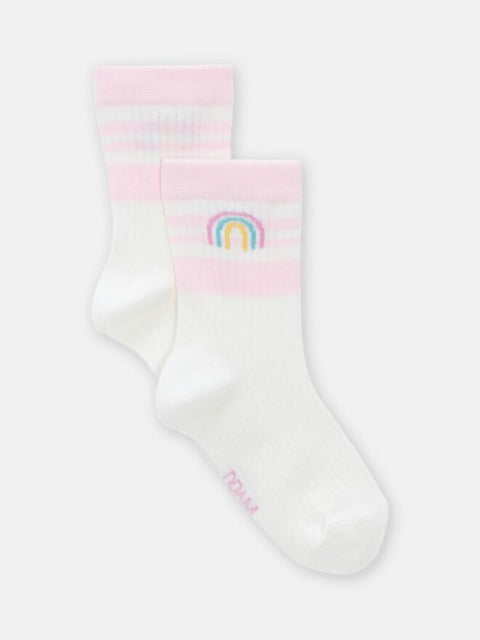 Cream Ribbed Cotton Rich Socks With Pink Stripe
