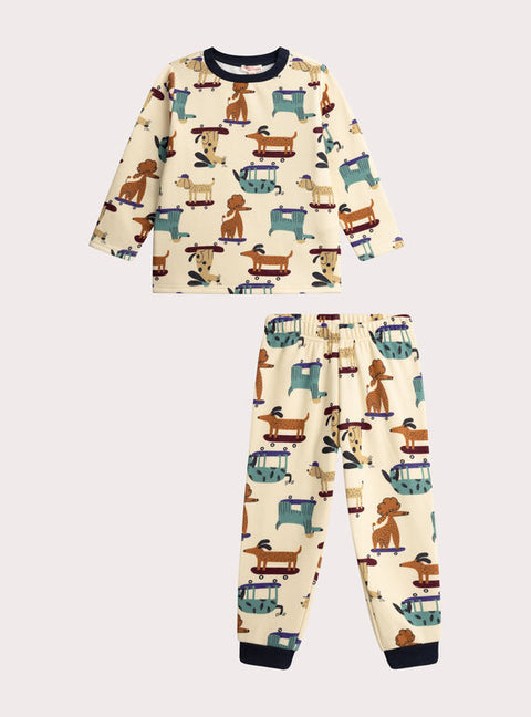 Cream Dog Print Soft Boa Pyjamas