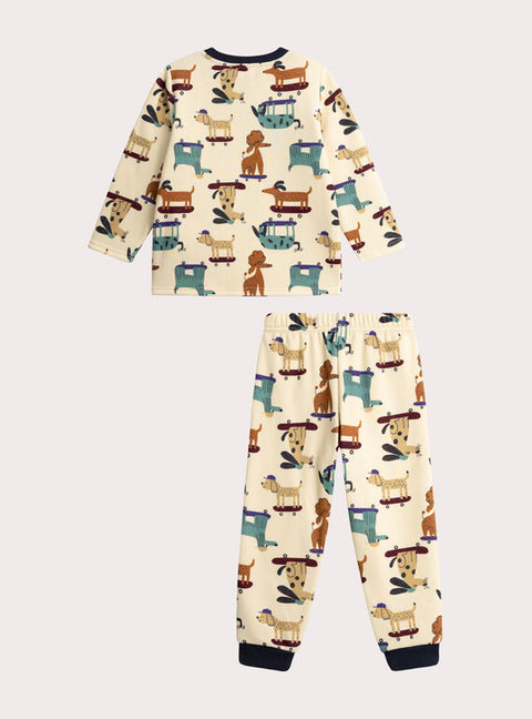 Cream Dog Print Soft Boa Pyjamas