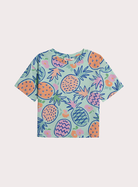 Turquoise Pineapple Print Cotton T-shirt