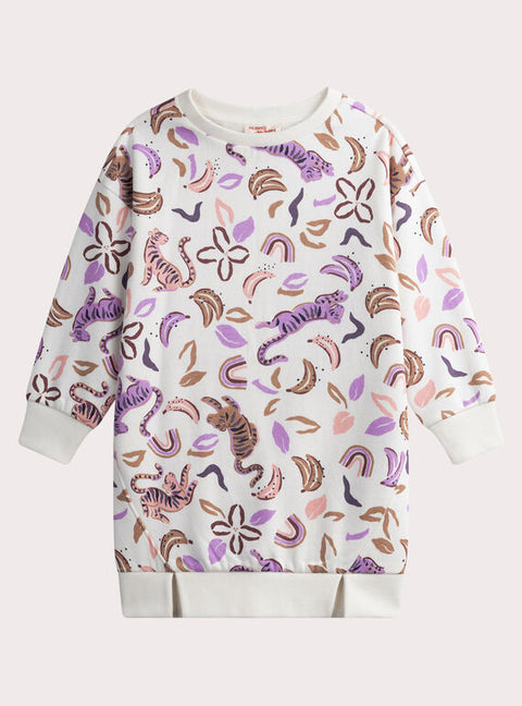 Cream Graphic Print Fleece Sweatshirt Dress