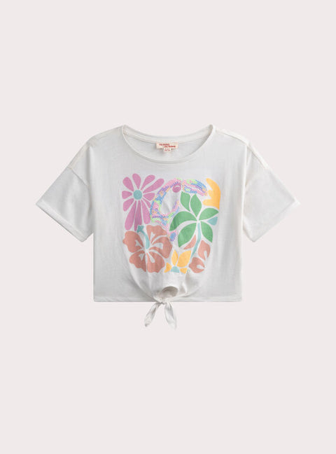 Cream Floral Box Print Cotton T-shirt