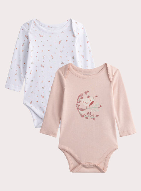 2 Pack Cream & Pink Long Sleeve Cotton Bodysuits