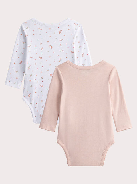 2 Pack Cream & Pink Long Sleeve Cotton Bodysuits