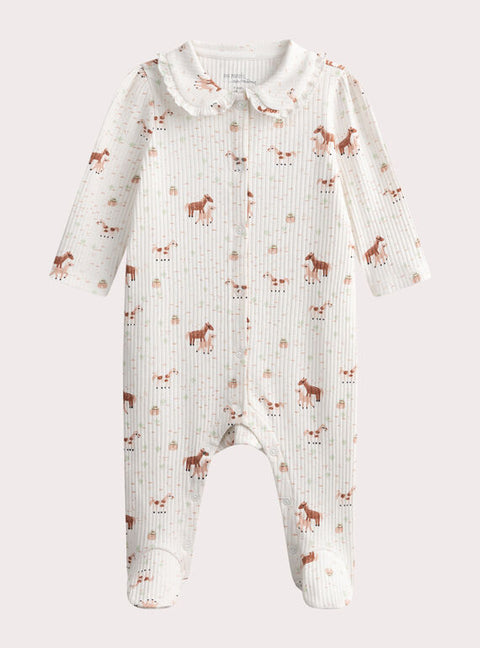 Ribbed Cream Horse Motif Cotton Sleepsuit