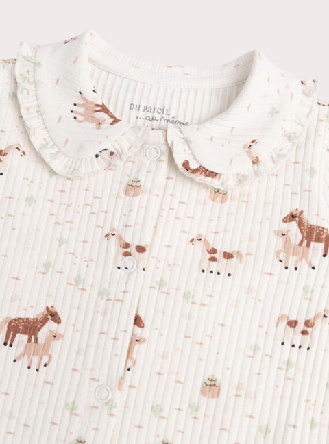 Ribbed Cream Horse Motif Cotton Sleepsuit