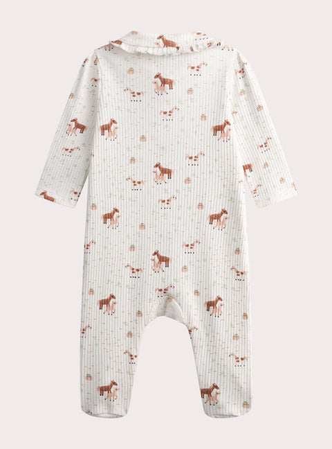 Ribbed Cream Horse Motif Cotton Sleepsuit