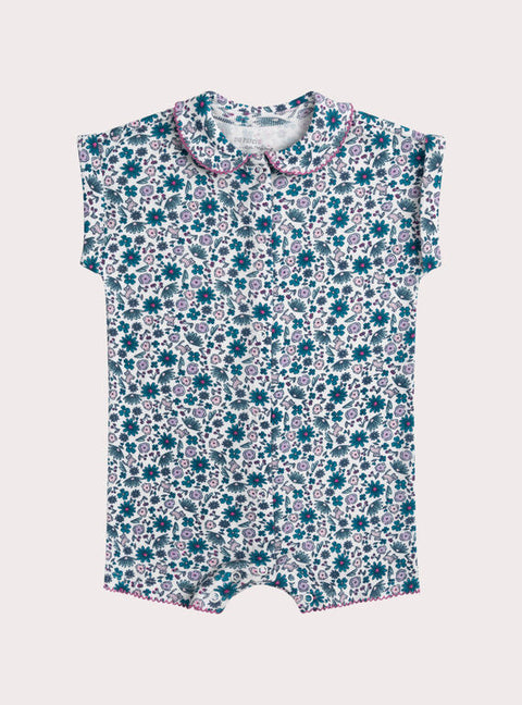 Short Blue Floral Print Cotton Sleepsuit