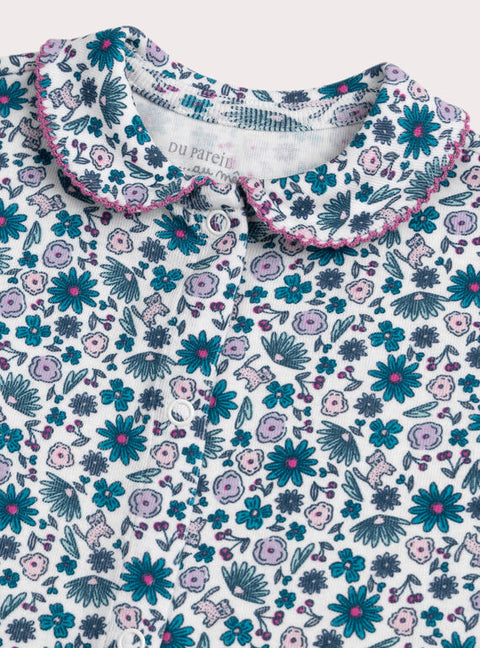 Short Blue Floral Print Cotton Sleepsuit