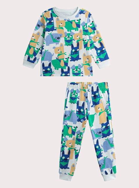 Blue Dog Print Cotton Fleece Pyjamas