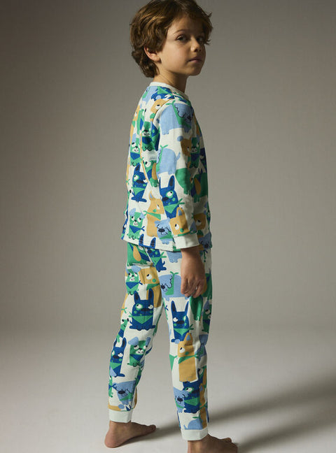 Blue Dog Print Cotton Fleece Pyjamas