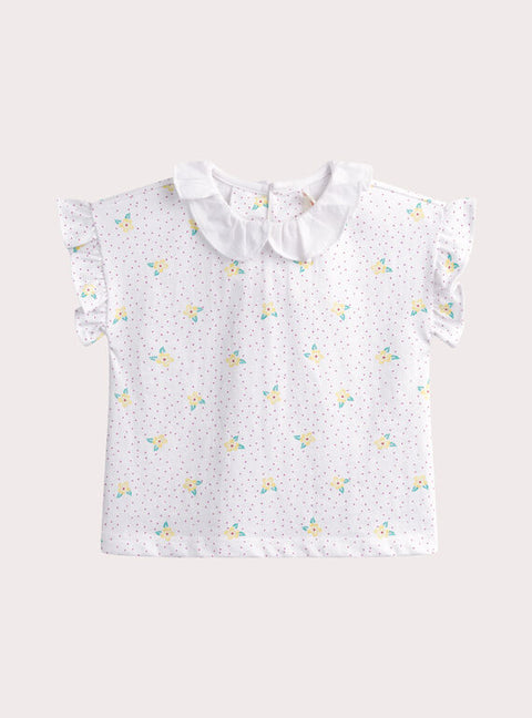White Floral Print Cotton T-shirt