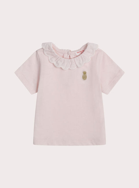 Pink Short Sleeve Cotton T-shirt With Collar