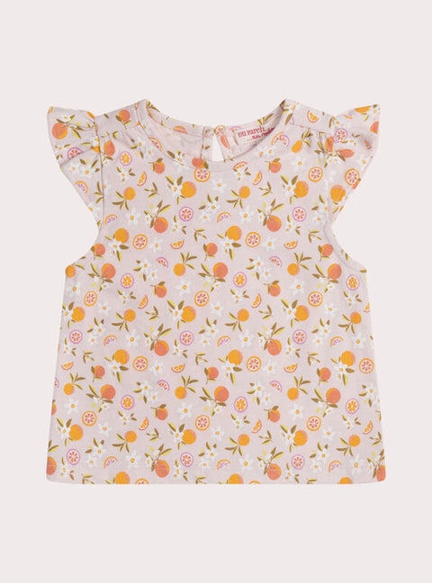 Pale Pink Citrus Print Cap Sleeve Cotton T-shirt