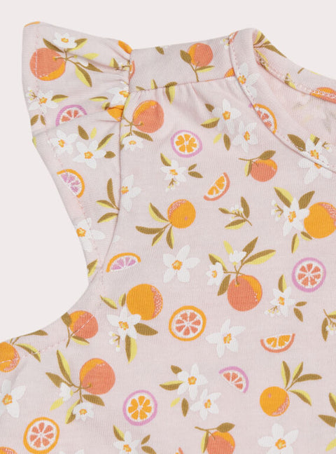 Pale Pink Citrus Print Cap Sleeve Cotton T-shirt