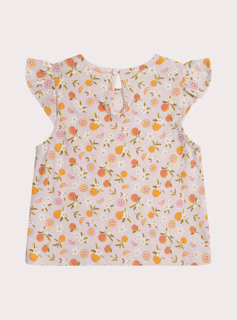 Pale Pink Citrus Print Cap Sleeve Cotton T-shirt