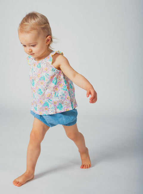 Floral Print Cotton Top With Blue Shorts