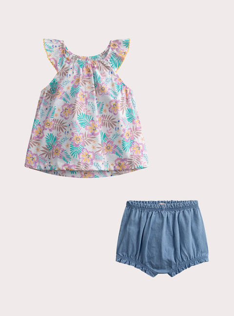 Floral Print Cotton Top With Blue Shorts
