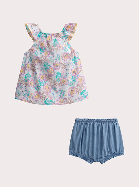 Floral Print Cotton Top With Blue Shorts