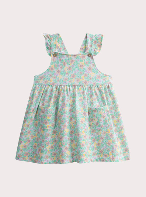 Lined Green Floral Print Cotton Pique Dress