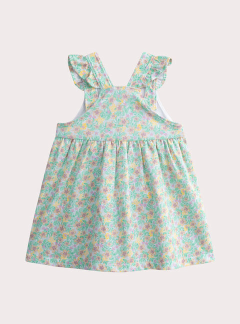 Lined Green Floral Print Cotton Pique Dress