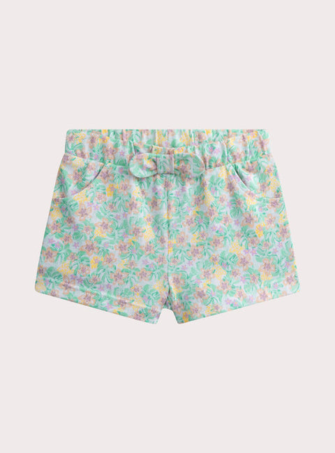 Green Floral Print Cotton Shorts