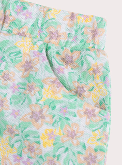 Green Floral Print Cotton Shorts