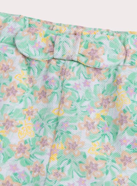 Green Floral Print Cotton Shorts