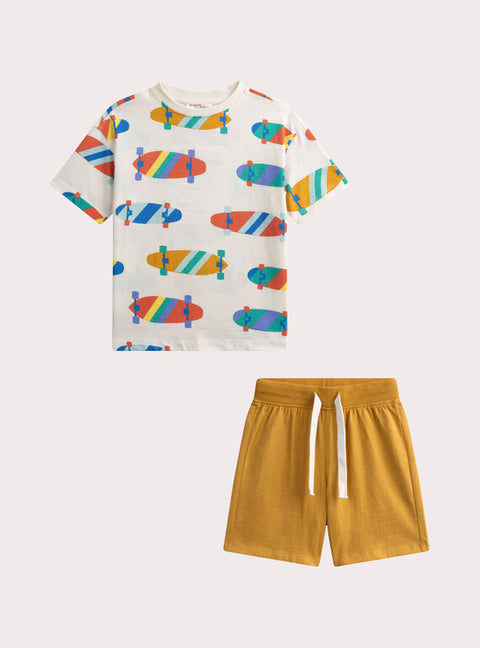 Yellow Surf Board Print Cotton T-shirt & Shorts Set