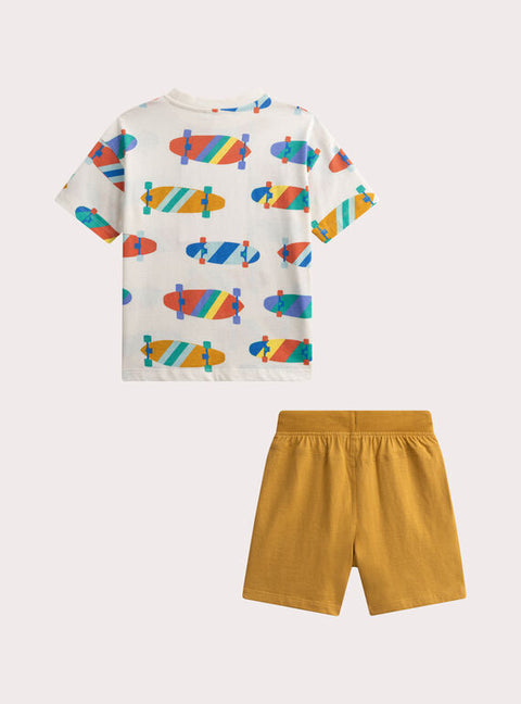 Yellow Surf Board Print Cotton T-shirt & Shorts Set