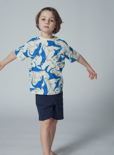 Navy Shark Print Cotton T-shirt & Short Set