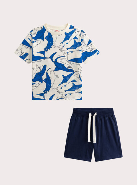 Navy Shark Print Cotton T-shirt & Short Set