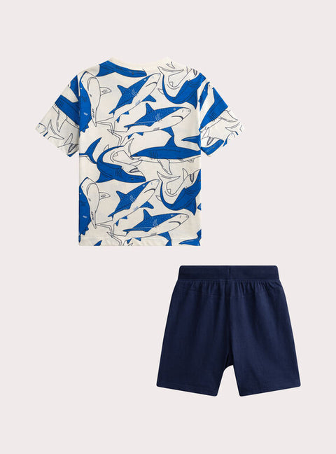 Navy Shark Print Cotton T-shirt & Short Set